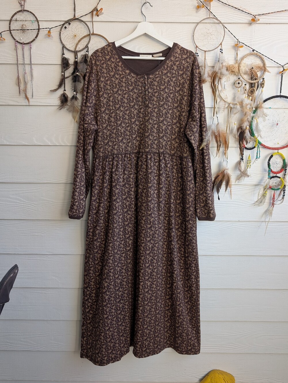 Vintage Bobbie Brooks Brown Floral Long Sleeve Midi Maxi Dress XL